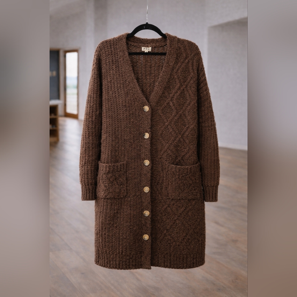 POL Oversized Longline Button Front Knit Cardigan with Pockets NWOT